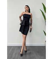 Saten Kumaş Straplez Mini Elbise - SİYAH