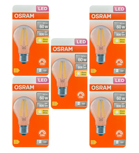 (5 Adet) Osram 6,5W (60W) 2700K (Sarı Işık) Dim Edilebilir E27 Duylu (Kalın Duy) Led Şeffaf Ampul