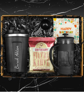 Doğum Gününe Özel Starbucks Model Çelik Termos & Ölçekli French Press & Columbian Taze Filtre Kahve Hediye Seti