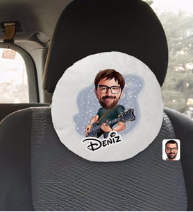 BK Gift Kişiye Özel İsimli Erkek Gitarist Karikatürlü Yuvarlak Araç Koltuk Yastığı-1