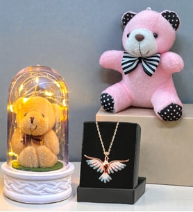 Renkli Anka Kuşu Kolye, Peluş Anahtarlık ve Led Işıklı Fanus Premium Hediye Seti (Model 6)