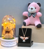 Renkli Anka Kuşu Kolye, Peluş Anahtarlık ve Led Işıklı Fanus Premium Hediye Seti (Model 6)