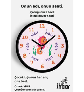 İsme Özel Sevimli Denizatı Çocuk Odası Duvar Saati Orta Boy 30 cm Siyah Camlı Sessiz