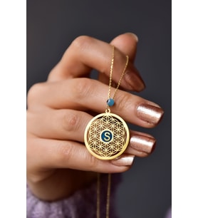 925 Ayar Gümüş Gold Kaplama Gözlü Parlayan Rüya Serisi Harfli Yaşam Çiçeği Kolye