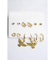 Kuş Kalp ve Köpek Figürlü Gold Renkli Halka Tektaş ve Top Küpeli 6lı Unisex Küpe Seti