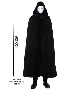 Siyah Kapüşonlu 120 cm Pelerin ve Beyaz Boyanabilir Tam Yüz Maske