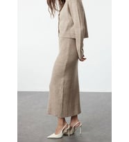 Tarz Kadın Modern Moda Normal Bel Boru Paça V Yaka Fitilli Yumuşak Dokulu Triko Elbise Hırka Takım (Açık Kahverengi)