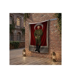 Elinde Bastonu İle Üniformalı Mustafa Kemal Atatürk poster Bayrak Raşel Kumaş 100x150 cm ATA62