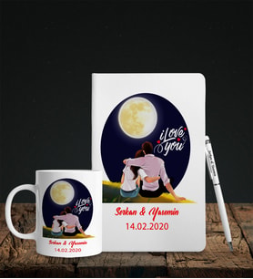 Sevgililer Gününe Özel Beyaz Deri Defter Kalem Kupa Hediye Seti 2
