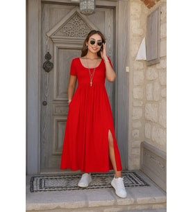Kadın Kısa Kollu Yuvarlak Yaka önden Yırtmaçlı Cepli Viskon Uzun Elbise (Kırmızı)
