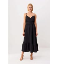 Kadın V Yaka Kolsuz Midi Elbise Belden Volanlı Skater Kesim Dokuma Rahat Konforlu Günlük Modern