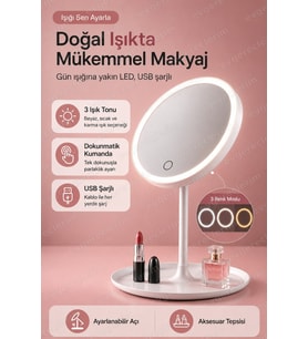 Dokunmatik Led Işıklı Masaüstü Makyaj Aynası, 3 Kademeli Şarjlı Güzellik Aynası
