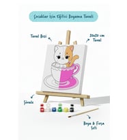 Kupa İçinde Sevimli Kedi Çocuk Boyama Tuvali – Şövaleli Boyama Seti 20x20 cm