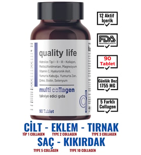 Multi Collagen 90 Tablet - Tip 1-2-3-5-10 Kolajen MSM Magnezyum C Vitamini Yumurta Kabuğu Zarı Çinko