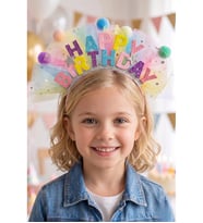 HAPPY BİRTHDAY PASTEL RENKLİ TÜLLÜ PONPON PARTİ TACI