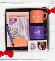 İsme Özel 2 Ad Fincan, Defter, Tükenmez Kalem, Fotoğraf Çerçevesi