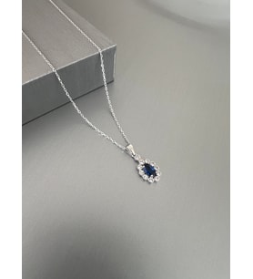 Zeta Jewel 925 Ayar Gümüş Oval Kesim Safir Taşlı Kolye- Premium Seri 40+5 cm (Beyaz - Gümüş)