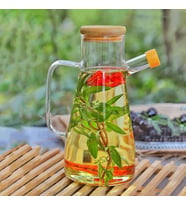 Yağdanlık Cam Şişe 900 Ml Bambu Vakumlu Kapak Ahşap Stantlı Tekli