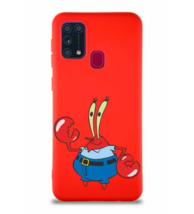Samsung Galaxy M31 Soft Premier Kapak Bay Yengeç Tasarımlı Silikon Kılıf - Kırmızı (Şeffaf)