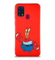 Samsung Galaxy M31 Soft Premier Kapak Bay Yengeç Tasarımlı Silikon Kılıf - Kırmızı (Şeffaf)