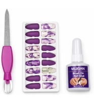 Takma Tırnak Kit Yapıştırıcılı Press On Nail Set Kolay Tak Çıkar Dayanıklı Manikür Aksesuarı,Tam Set Takma Tırnak Manikür Kiti Yapıştırıcı Ve Törpülü Hazır Tırnak Seti Ev (Beyaz-lila)