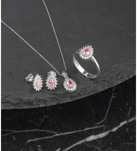 925 Ayar Gümüş Pembe Zirkon Taşlı Damla Set