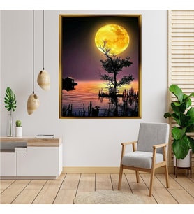 Tablore Dolunay Ve Göl Kenarı Ağaç Manzaralı Çerçeveli Kanvas Tablo Modern Salon Dekoru