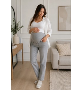 Gri Hamile Esnek Karın Bantlı Beli Ayarlanabilir Kot Pantolon