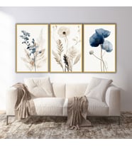 3'lü Metal Çerçeveli Cam Tablo Seti Pastel Soft Mavi Çiçekler (Gold)