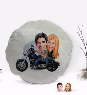BK Gift Kişiye Özel Motorcu Sevgililer Karikatürlü Yuvarlak Dekoratif Kırlent Yastık-1