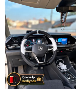 Vw Caddy 5 Dikme Direksiyon Kılıfı Delikli Deri Parlak Siyah Beyaz Detay Çift Yüzük ve Dikiş 2020-2026