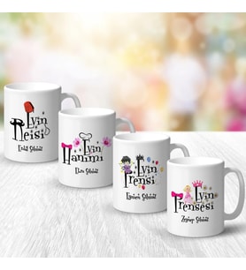BK Gift Kişiye Özel 4'lü Evin Reisi, Hanımı, Prensi ve Prensesi Tasarımlı Beyaz Kupa Bardak Seti