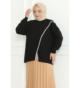 Asimetrik Kesim Triko Kazak 1194- Siyah