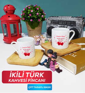 İkili Sevgiliye Sevgililer Günü Hediyesi 6 Türk Kahvesi Fincanı Ahşap Altlıklı