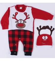 Unisex Kırmızı Ekoseli Geyikli Şapkalı Noel Tulum