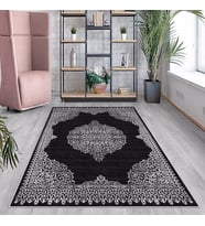 Siyah Zemin Beyaz Çerçeveli Yıkanabilir Kaymaz Taban Leke Tutmaz Modern Salon Halısı ve Yolluk