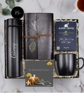 Kişiye Özel 500 ML Dereceli Termos & Deri Kapaklı Vintage Anı-Seyahat Defteri & Alerya Premium Filtre Kahve & Siyah Mat Kupa Hediye Seti