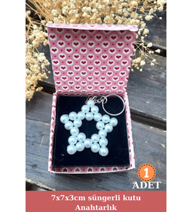 Mini Kalpli Kırmızı Kutulu Hediyelik İnci Anahtarlık - Nişan Hediye -Kına Hediye