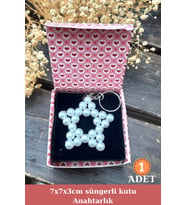Mini Kalpli Kırmızı Kutulu Hediyelik İnci Anahtarlık - Nişan Hediye -Kına Hediye