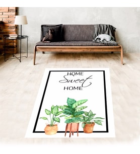 Yeşil Yaprak Desenli Home Sweet Home Dijital Baskılı Kaymaz Yıkanabilir Leke Tutmaz Mutfak Halısı (Yeşil-Beyaz)