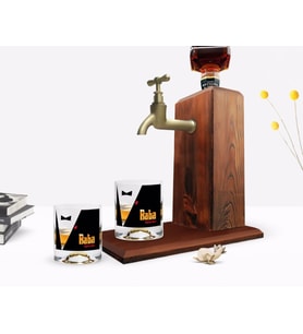 BK Gift Kişiye Özel Renkli Baskılı Godfather Baba Tasarımlı İkili Viski Bardağı ve Ahşap Viski Standı Hediye Seti-10 (Model 1)