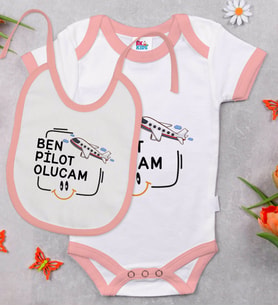 BK Kids Pilot Olucam Tasarımlı Pembe Bebek Body Zıbın ve Mama Önlüğü Hediye Seti-1