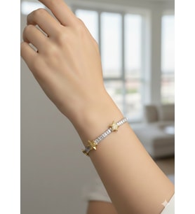 Çelik Silver Baget Taşlı Gold Yıldızlı Su Yolu Bileklik - 26slb54