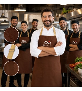 Logonuza Özel 10 Adet Mutfak Önlüğü Kahverengi - Bej Ayarlanabilir Boyun Askısı - Ön Cepli