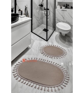 Evilla Modern Simirna Dekoratif Peluş Oval 60x100-50x60 Ponpon Saçaklı Klozet Takımı Vizon
