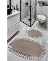Evilla Modern Simirna Dekoratif Peluş Oval 60x100-50x60 Ponpon Saçaklı Klozet Takımı Vizon