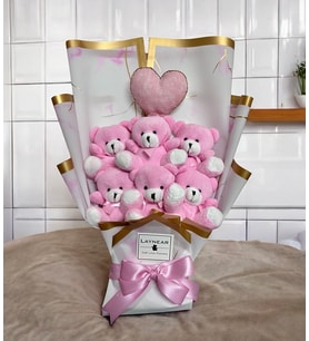 Sevgiliye Arkadaşa Pembe Sevimli Pembe Kalp Yastıklı Peluş Ayıcık Buketi
