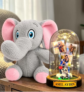 Kişiye Özel 3 Fotoğraflı Yazılı LED Işıklı Fanus ve Sevimli Peluş Fil Hediye Seti (pandalı)