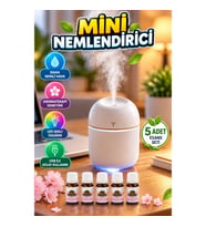 USB Mini Hava Nemlendirici – LED Işıklı Aromaterapi Difüzörü ve 5 Esans Seti