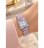 Rubenis Swiss Kadın Kol Saati 22x18 mm Kristal Taşlı Çelik Kasa ve Bilezik Pembe Sedef Detaylı